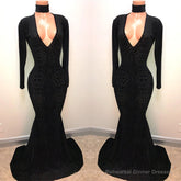Black Lace V-Neck Prom Party Gowns| Mermaid Long-Sleeve Evening Gowns